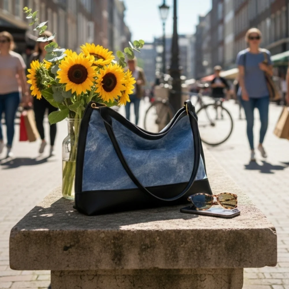 Denim Wash Vegan Leather Hobo Shoulder Bag Blue Black Modern Boho Tote 13in